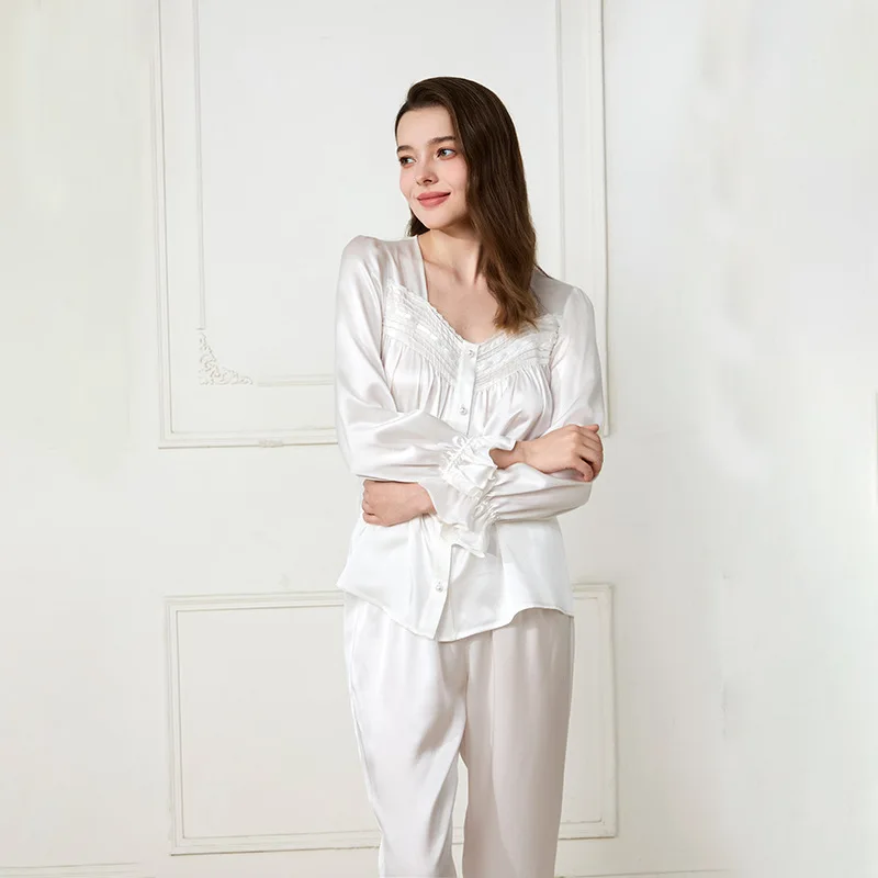 French 100% Mulberry Silk Women Pajamas Set White Lace Ruffle Cuff Button Down Long Pants Nightwear Loungewear Gift For Brides