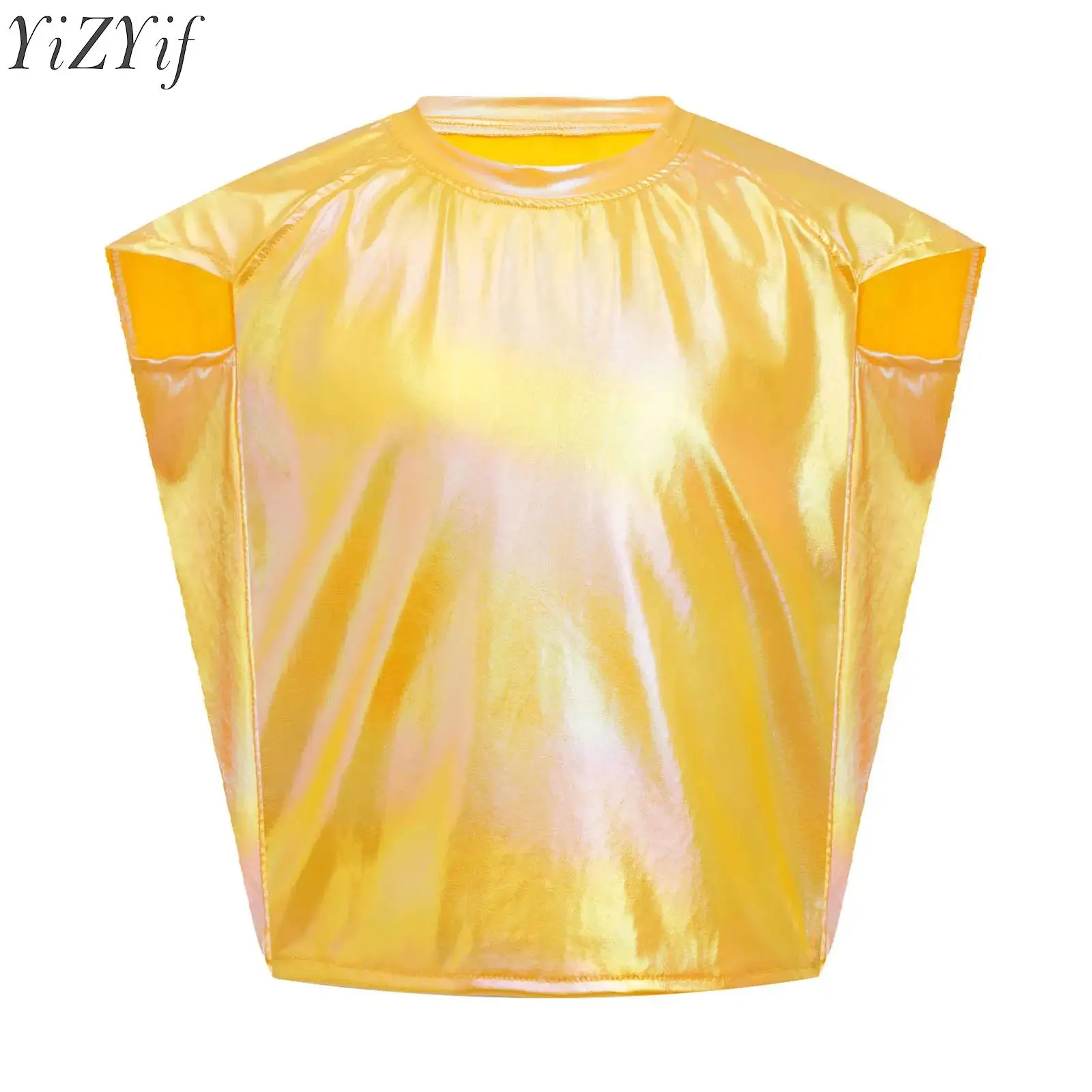 

Kids Girls Boys Ballet Dance Tops for Latin Jazz Dancing Party Performance Costume Top Round Neck Metallic T-Shirt Stage Tanks