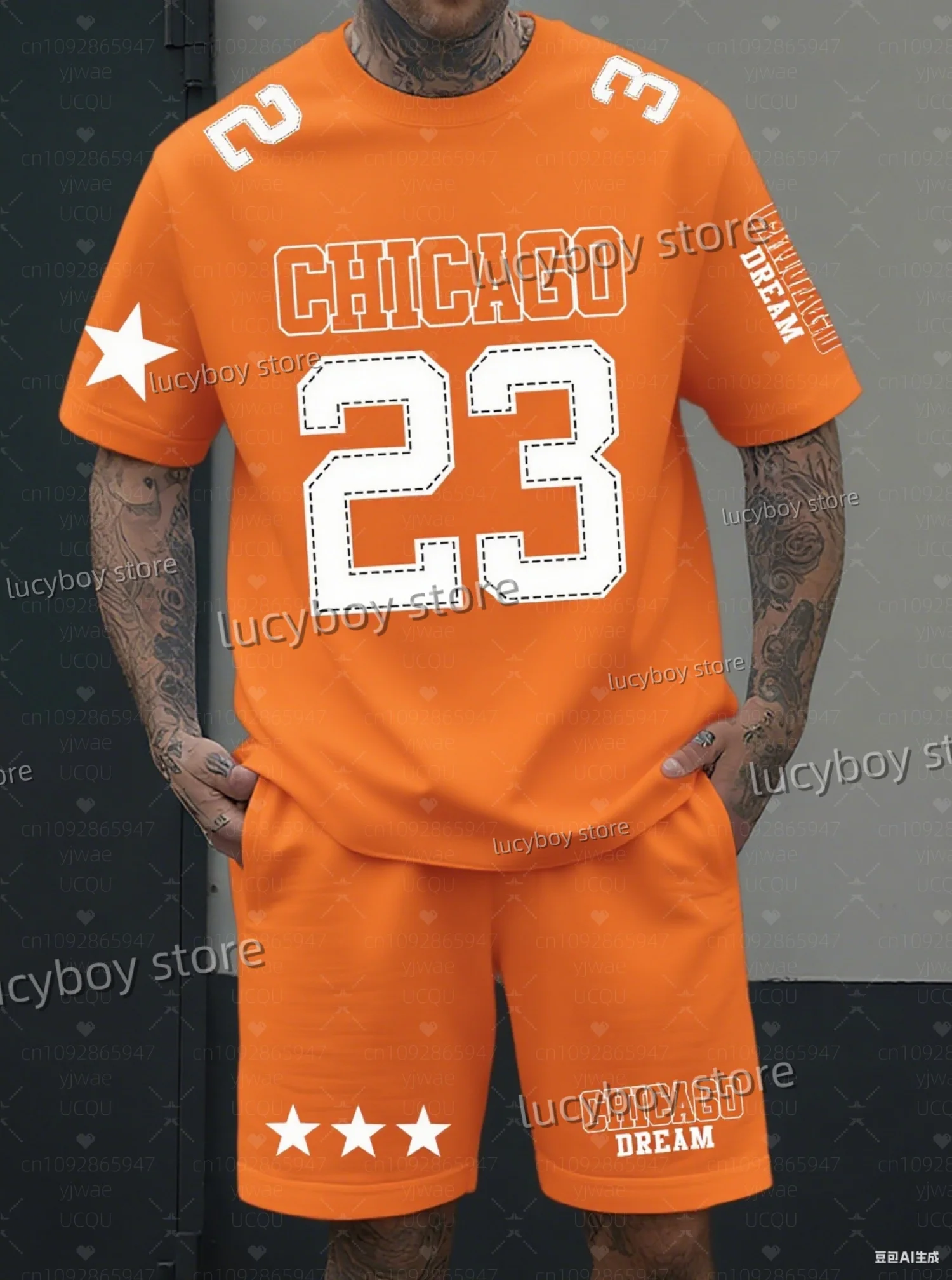 Hot Selling Summer Men  CHICAGO NO.23 Print Set Short Sleeve T-Shirt Shorts Set Adult  Jogging Plus Size Tracksuit 2 Piece Set