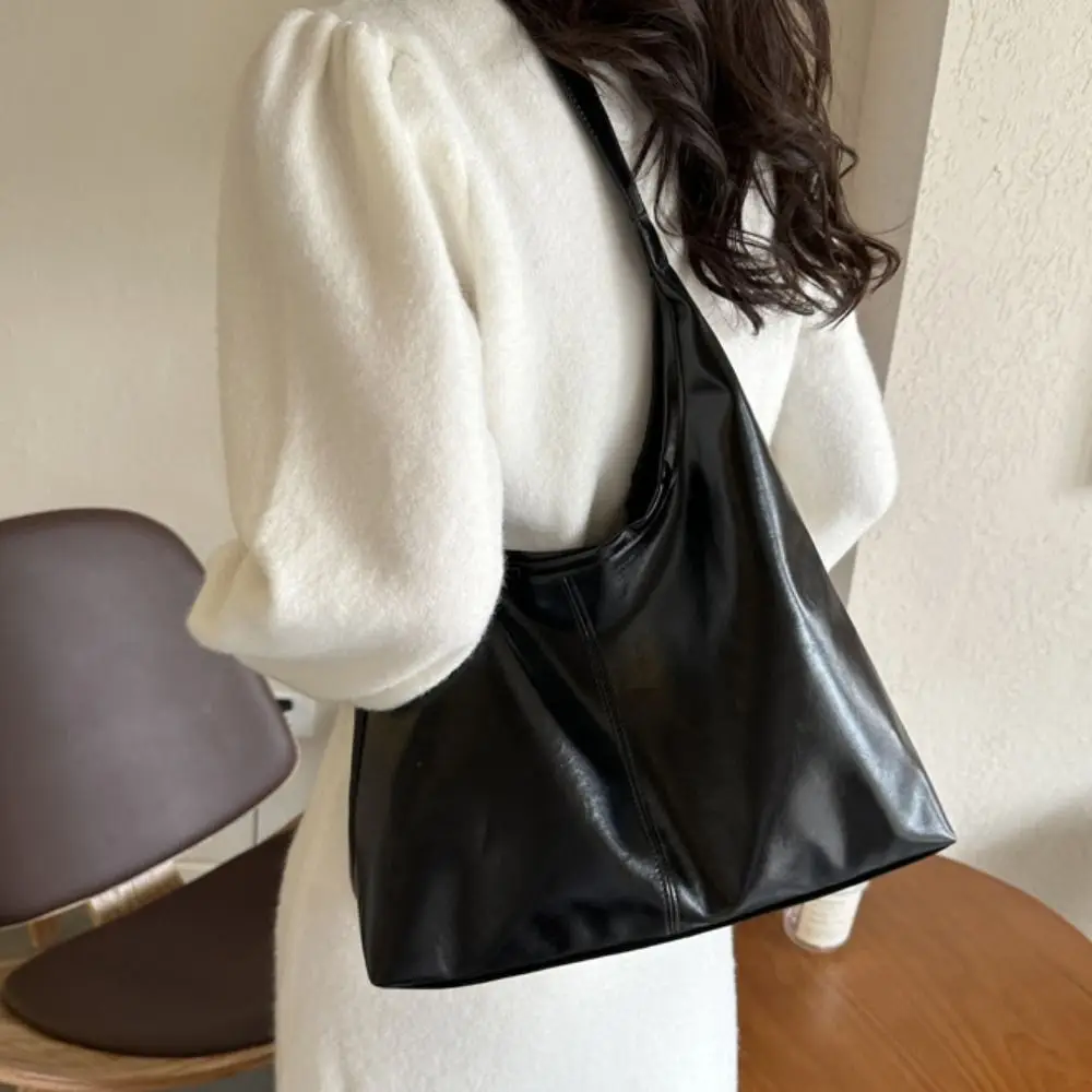 

Elegant Soft Leather Tote Bag Solid Color Large Capacity Commuting Shoulder Bag Lightweight Zipper Vintage Underarm Bag Lady