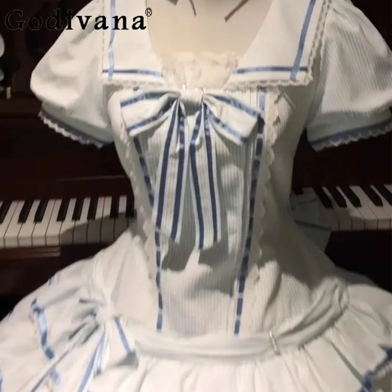 

CyBlue and White Темно-синее полосатое платье для женщин с пышными рукавами Платье Лолиты Женское летнее платье принцессы с бантом и многоуровневым тортом