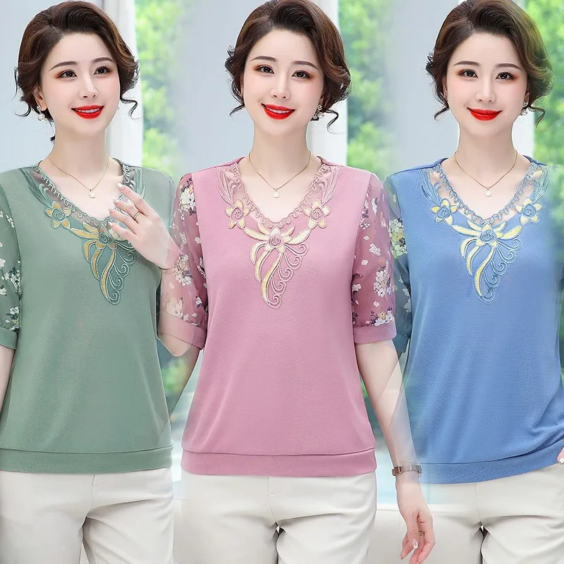 NEW Summer Chiffon Short Sleeve T Shirt Woman Patchwork  knitting T-shirt Woman Shirt Women Shirts