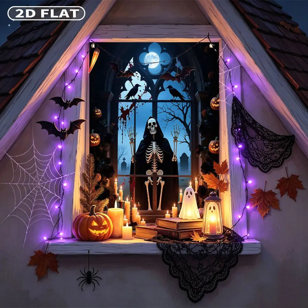 2D FLAT 1pc Party Window Cover Banner, with Skeleton In Black Hood With Candles And Pumpkins