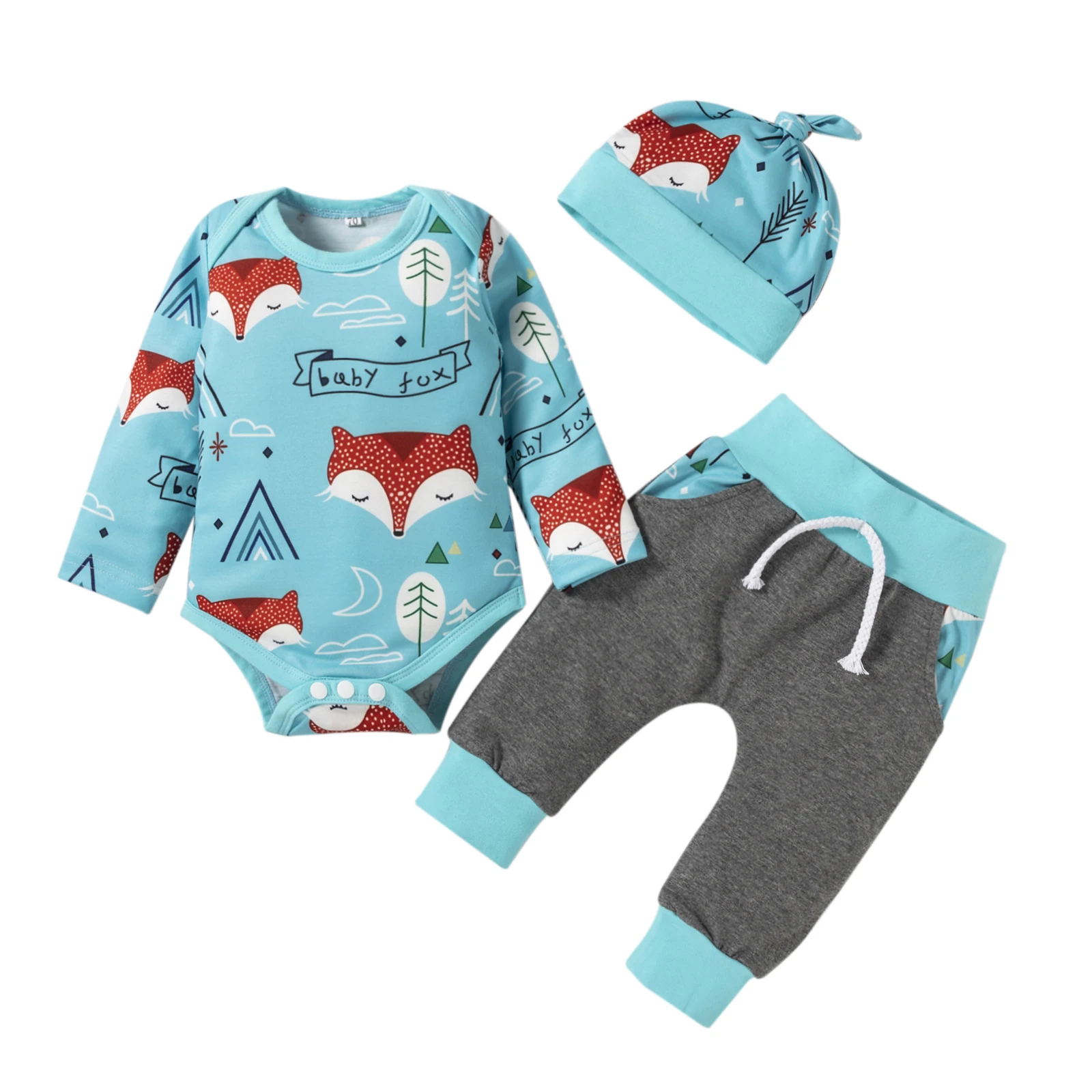 

Three Piece Baby Boy’s Clothes Cute Fox Long Sleeve Romper and Contrast Color Long Pants with Hat