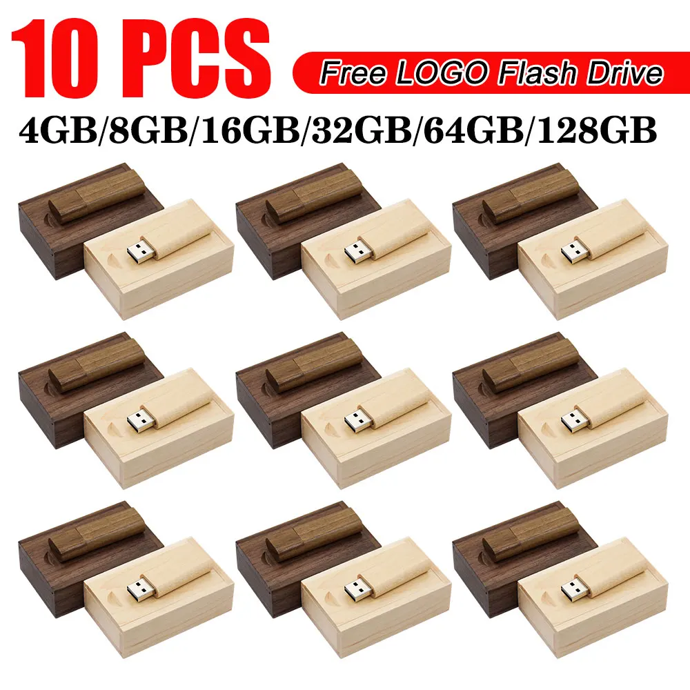 

10PCS (Free Custom Logo) Hot Sale Wood Box Pendrive 64GB Wedding Gift USB Flash Drive 32GB Photography USB 2.0 Memory Stick 16GB
