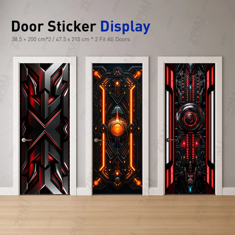 Waterproof PVC Door Sticker Self Adhesive Steampunk Mechanical Gear Blue Metal Art Peel Stick Door Cover for Bedroom Living Room