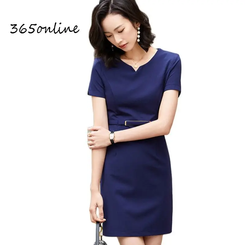 Fashion V-neck Spring Summer Elegant Blue Dresses Ladies Office Business Women Work Wear Dress Slim Hips with Belt Beauty Salon