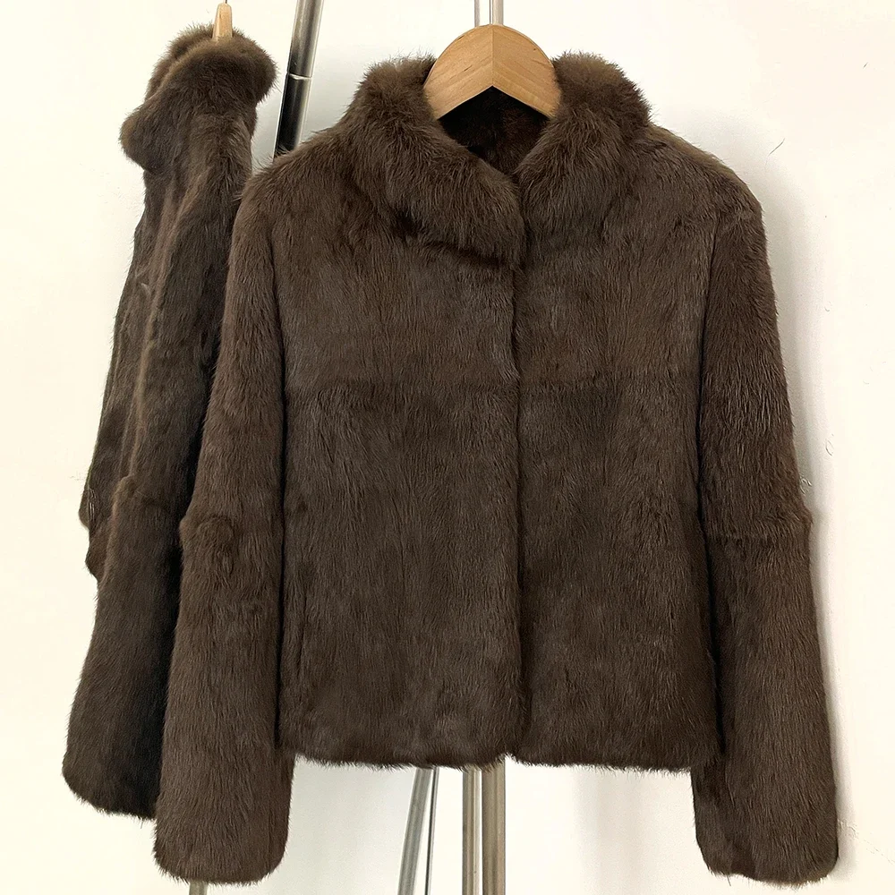 OFTBUY Modische Luxuriöse Kurze Warme Echte Pelzjacke Neue Herbst-Winter-Kleidung für Damen Einfarbiger Natürlicher Kaninchenfellmantel – Detail 10