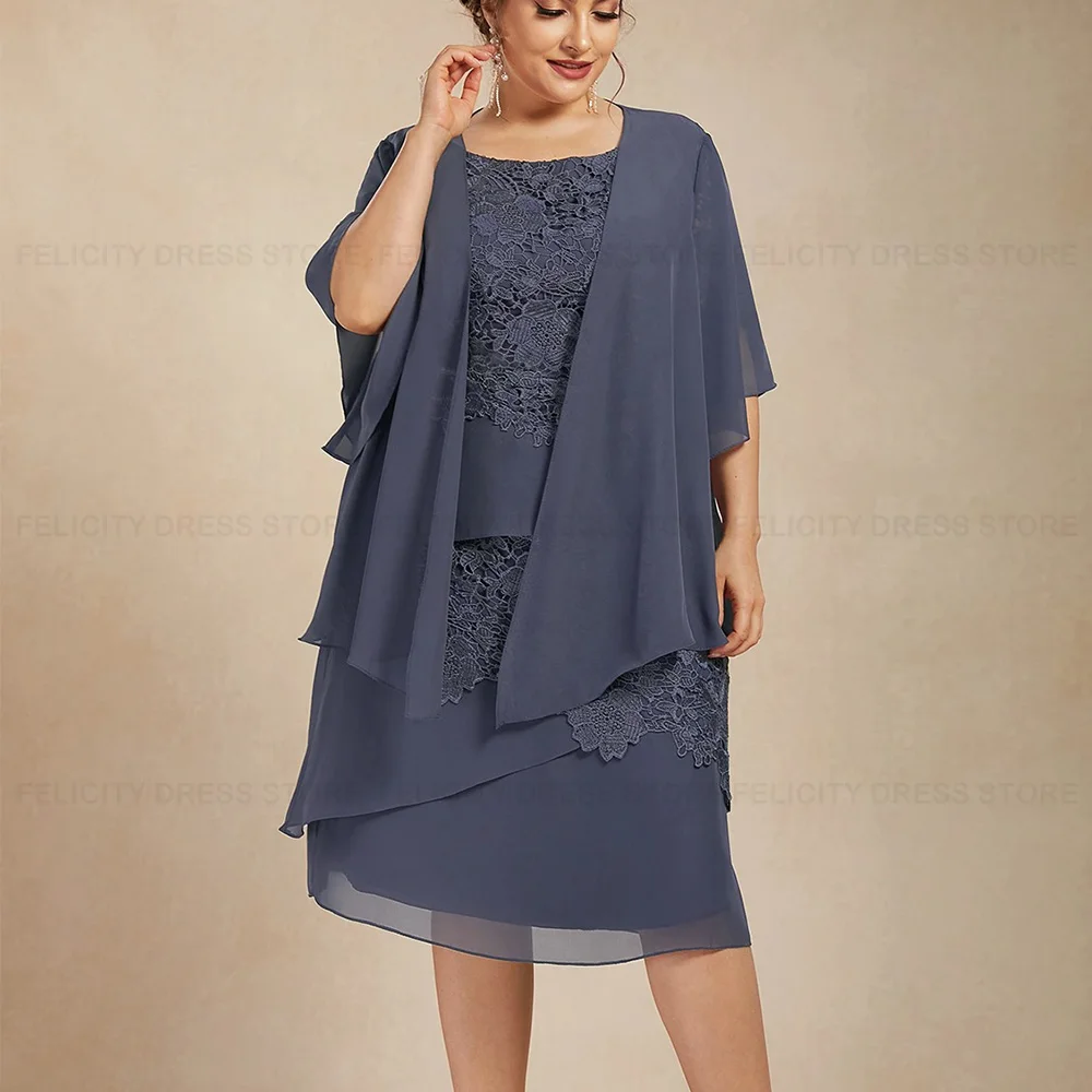 Plus Size 2 Piece Mother of the Bride Dress 2023 Sheath Scoop Chiffon Lace Formal Wedding Guest Dresses فساتين للحفلات الراقصة