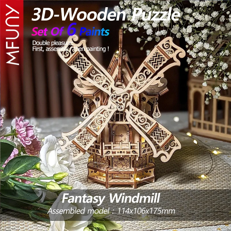Mfuny 3D Wooden Puzzle Fantasy House Series Windmill Assembly Model Brain Teaser Educational Toy for Adults And Kids
