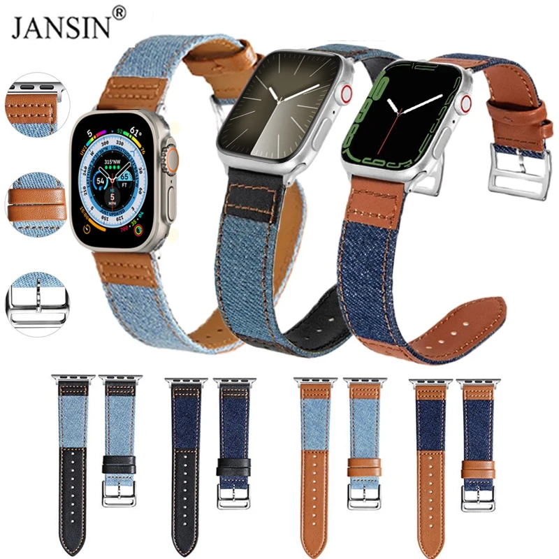 

Denim Genuine Leather Strap For iWatch Series 10 9 8 7 SE Bracelet Band For Apple Watch Ultra 2 49mm 42mm 46mm 41mm 45mm 40 44mm