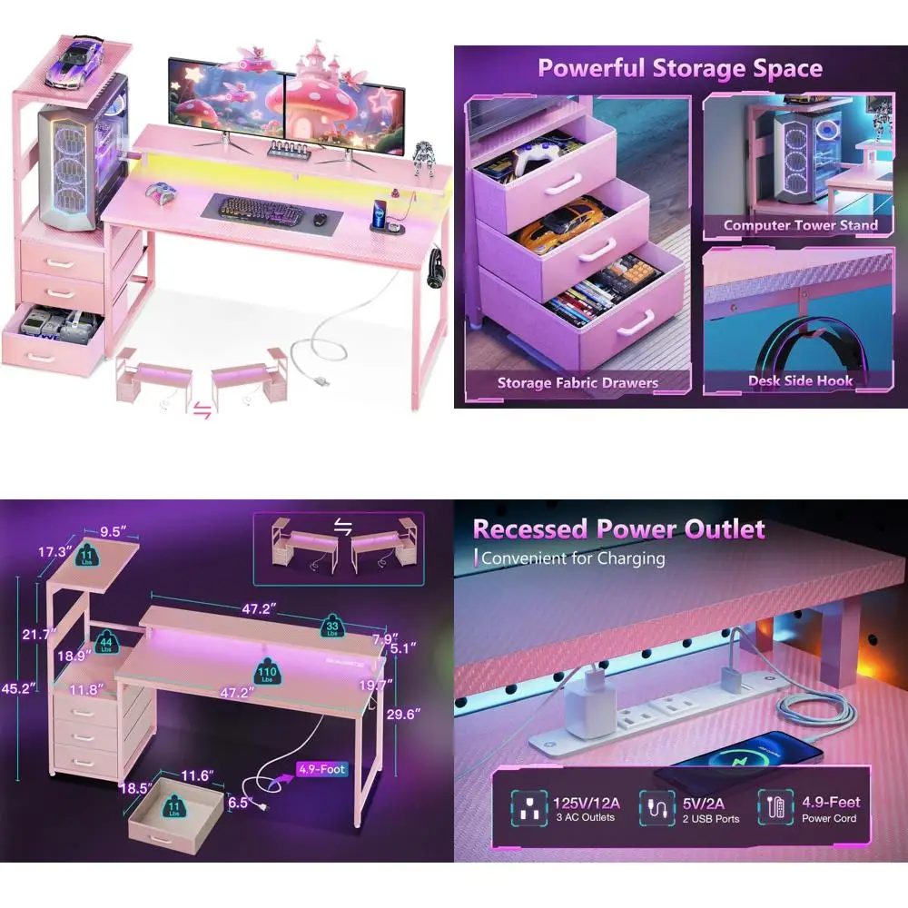 

59 LED Gaming Desk with USB Ports, Storage & Monitor Stand - Modern Desk for PC & Console