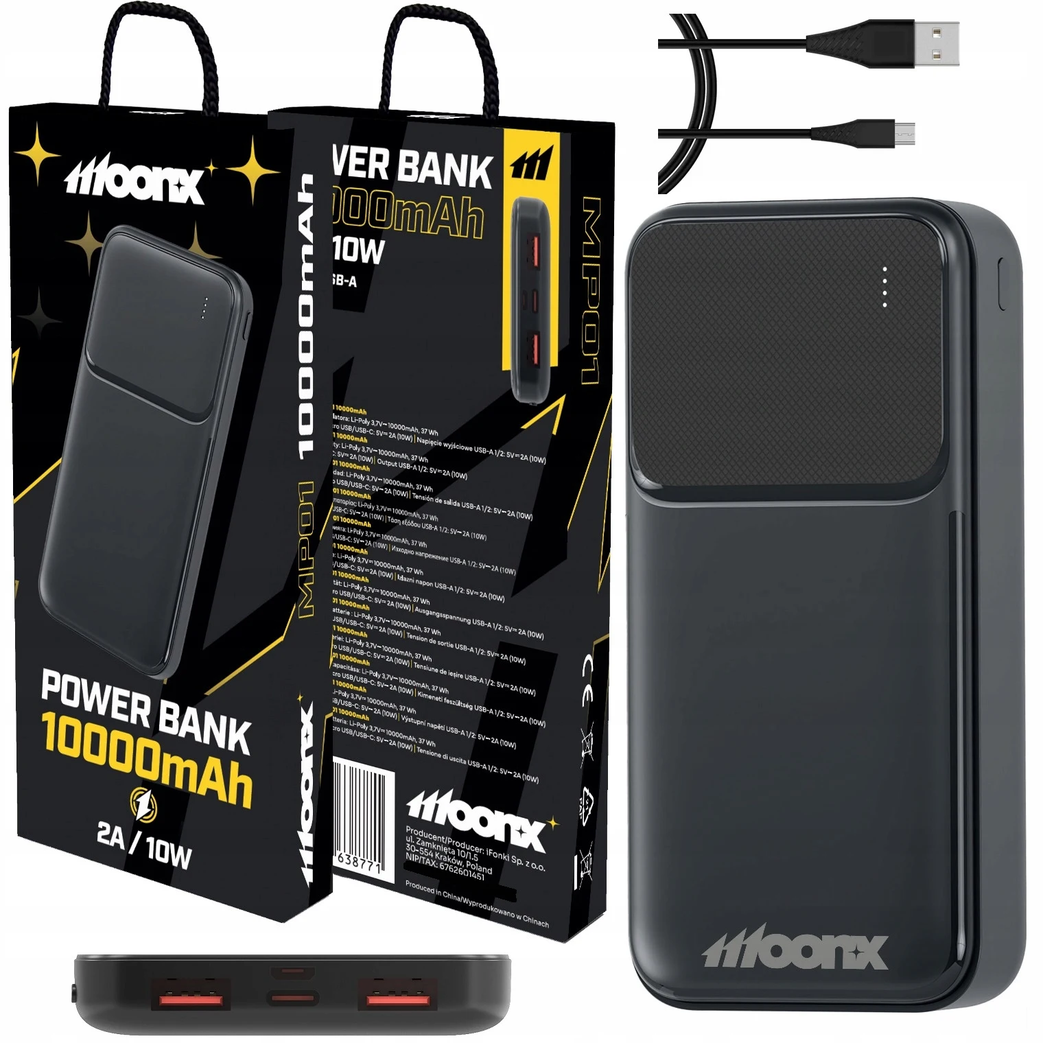 MOONX 10000mAh Power Bank Z Szybkim Ładowaniem 10W, 2x USB, Przenośna Ładowarka O Dużej Pojemności Z Kablem USB