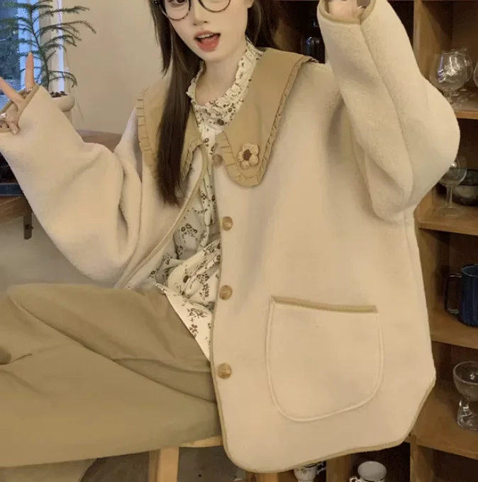 حجم كبير النساء الشتاء الكورية فضفاضة الحلو بيتر بان طوق الحد من العمر امبسوول سترة موضة تنوعا سترات بأكمام طويلة