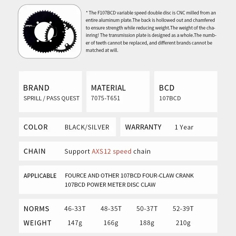 PASS QUEST 107BCD Bike Double Chainring 2X Sprocket for SRAM FORCE AXS 12S AERO Road/Gravel Bike 46-33T 48-35T 50-37T 52-39T