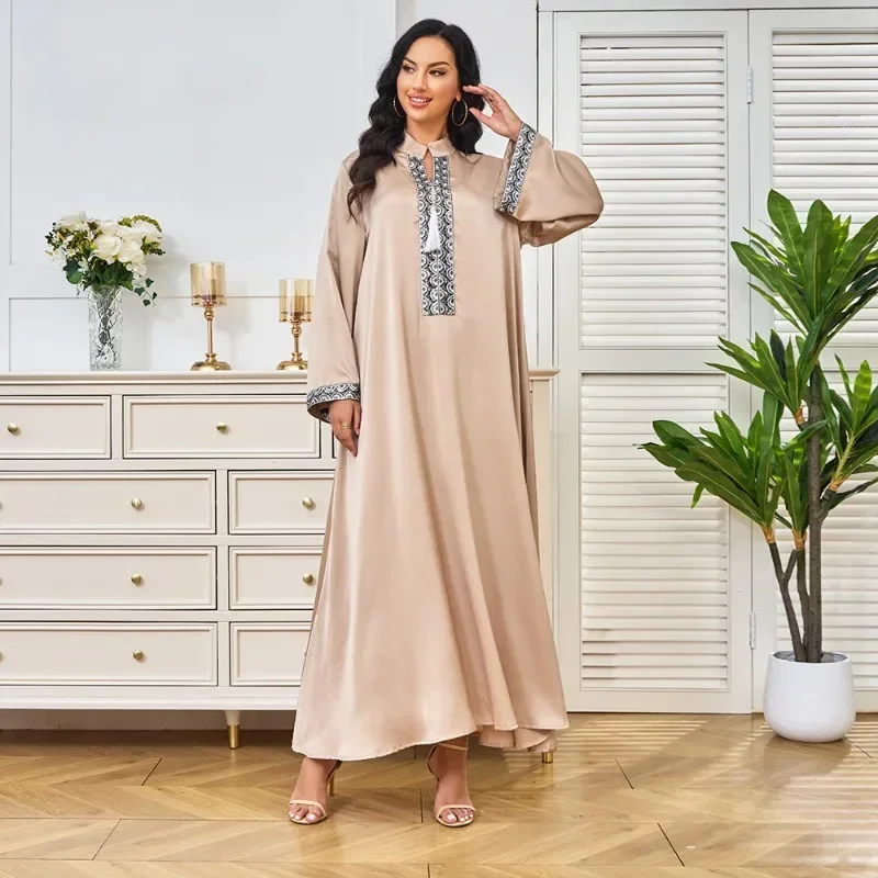 KAF 2025 Spring Autumn New Women Abaya V-neck Long-sleeved Retro Design Loose Large Size Fashion Elegant Luxury Female Abaya