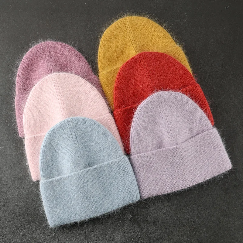 2024 Angora Winter Hat For Womens Rabbit Fur Fluffy Knitted Beanies Hat  Bonnet Female Soft  Warm SKI Skullies  Beanies