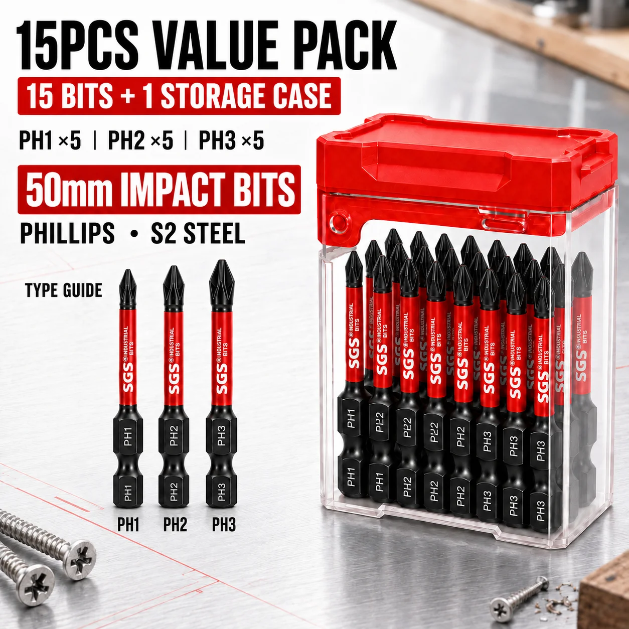 15-Piece Set of 50mm Extended Pz/Ph Phillips Impact Screwdriver Bits, S2 Alloy Steel Pz1/Pz2/Pz3/Ph1/Ph2/Ph3, 1/ 4inch Hex Shank, Includes Red Storage Box, Suitable for Electric Drills, Impact Drivers, and Electric Scr