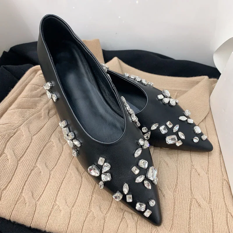 High Quality Crystal Decoration Genuine Leather Ballet Flats Pointed Toe Flat Mules Fashion Slip-on Jeweled Casual Shoes