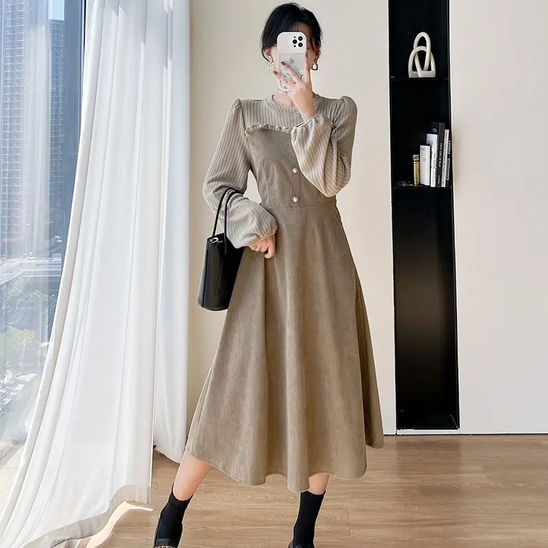 Fake Two Pieces Corduroy Midi Dress Women's Clothing Long Sleeve Spring Autumn Chic Folds Patchwork Elegant A-Line Waist Dresses