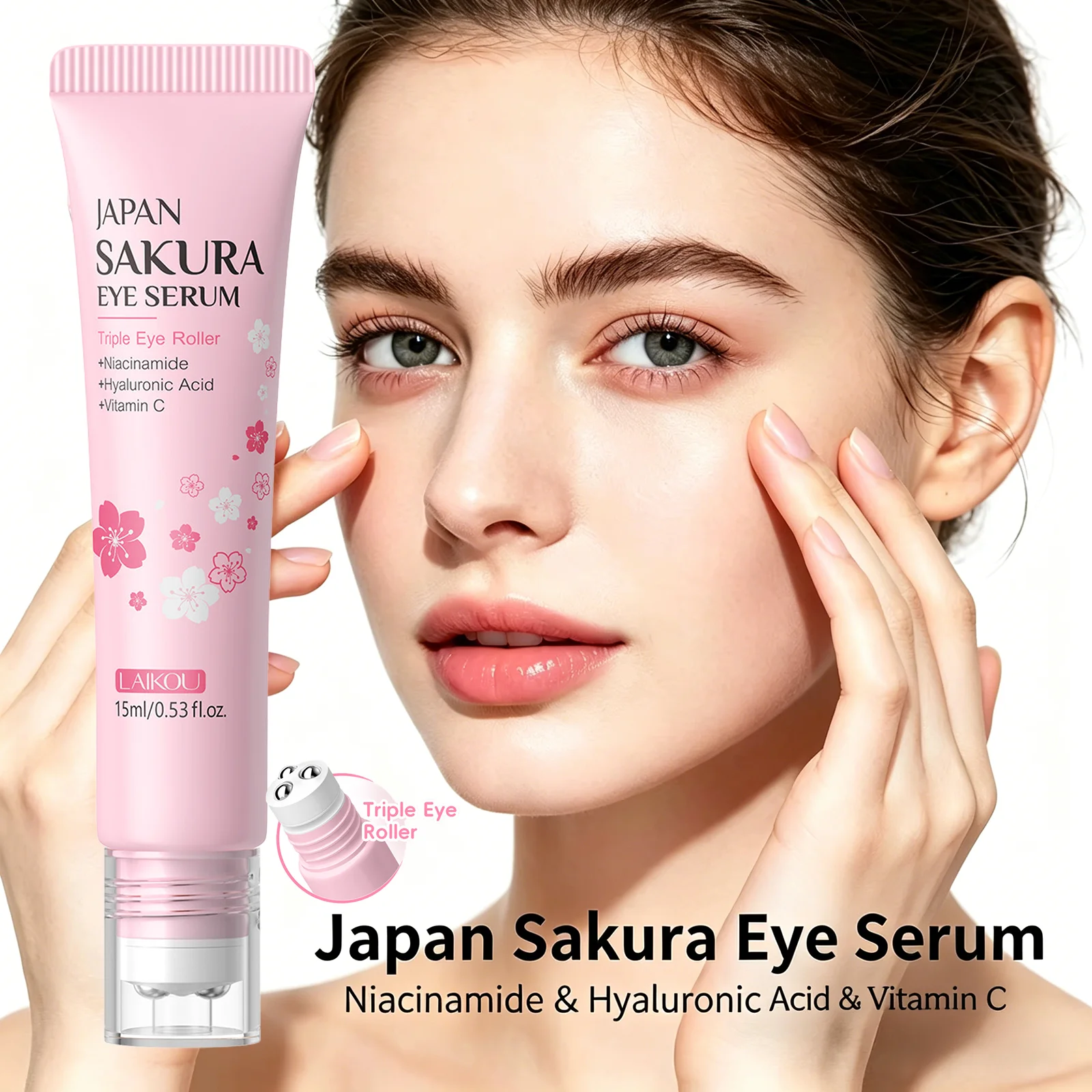 LAIKOU Japan Sakura Roll‑on Eye Serum 15ml Gentle Eye Care Serum, Smooth & Firm Eye Contour Skin for Daily Under‑Eye Skin Care ﻿