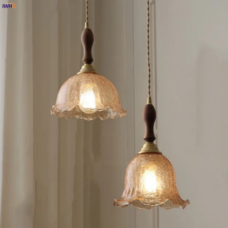Amber Glass LED Pendant Lamp Bar Bedroom Restaurant Nordic Modern Walnut Wood Copper Hanging Light Fixtures Lampu Gantung