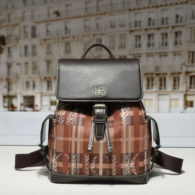 CH New Women Backpack Plaid Pattern Black Red Color Block Ladies Bag Buckle Detail Casual Daily Travel Crossbody Fashion Bag