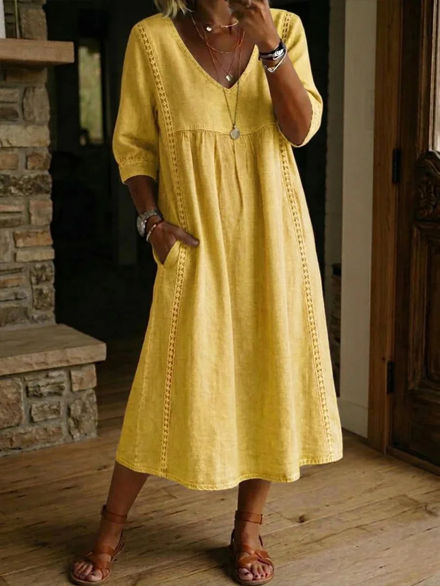 2026 Damen Lässiges Midi-Kleid, Einfarbiges V-Ausschnitt-Kleid mit Spitzenbesatz, Halblange Ärmel Alltagskleid – Detail 8