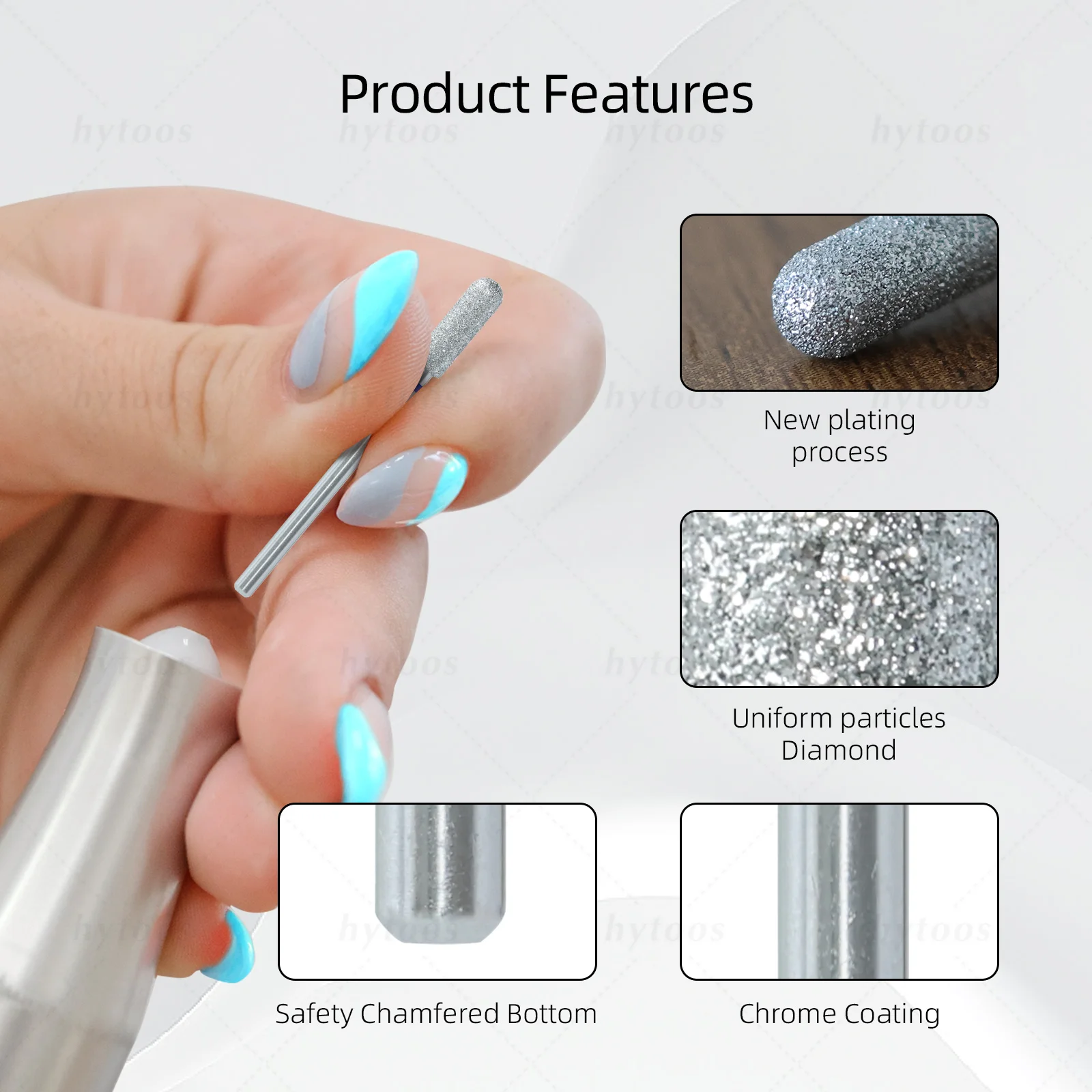 HYTOOS Chrome Diamond Nail Drill Bits Pro Russian Smooth Top Barrel Cuticle Bit for Nail Drill Dead Skin Cleaner Nails Prep Tool