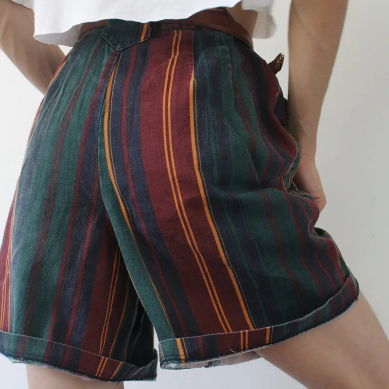 Women Summer Striped Plaid Print Short Pants Buttons Casual Curly Streetwear Cool Girl Elegant New Fashion Sweet Shorts(no Belt)