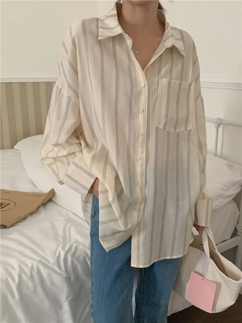 2025 New Spring Vintage Striped Women's Blouses Single Breasted Long Sleeve One Pocket Casual Loose Korean Shirts Female