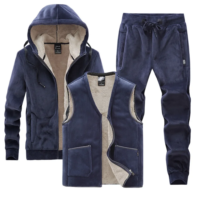 

Thick Tracksuit Casual Men's Hoodies + vests + pants Three-pieces Sets Men Winter Plus Velvet Lamb Wool Set Men Warm Cashmere