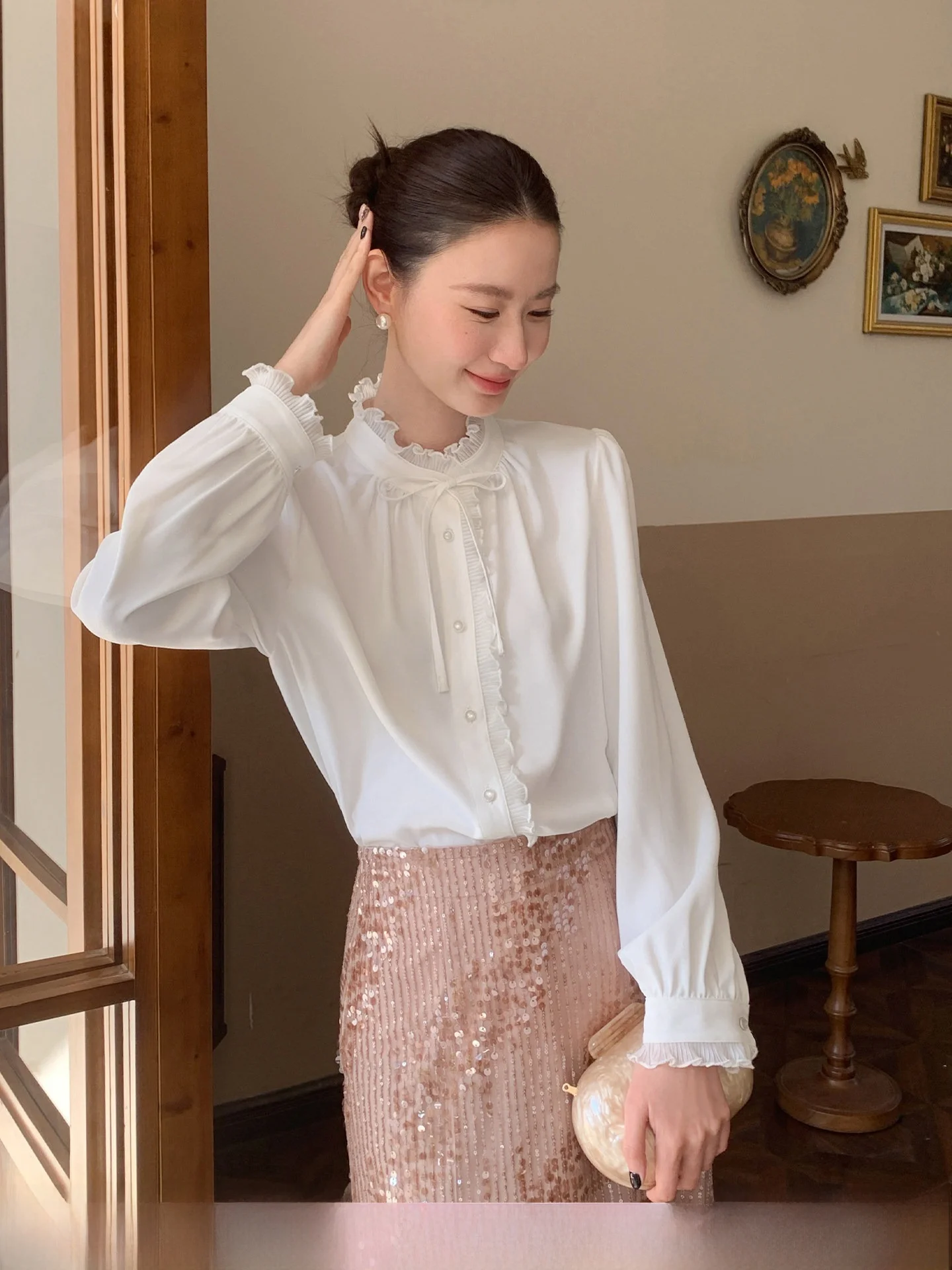 

XXNING Polka Dot Stand Collar Shirt Bow Tie Elegant Style Loose Fit Long Sleeve Women's Shirt Polyester Fiber Non-Shrinkage