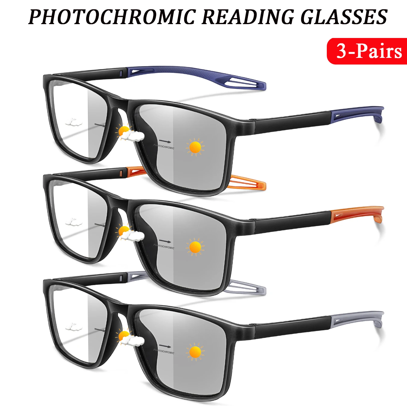 3 Paar photochrome Lesebrillen, rechteckig, Anti-Blaulicht-Presbyopie-Brillen für Großeltern, Großhandel, Einzelhandel +150 +200