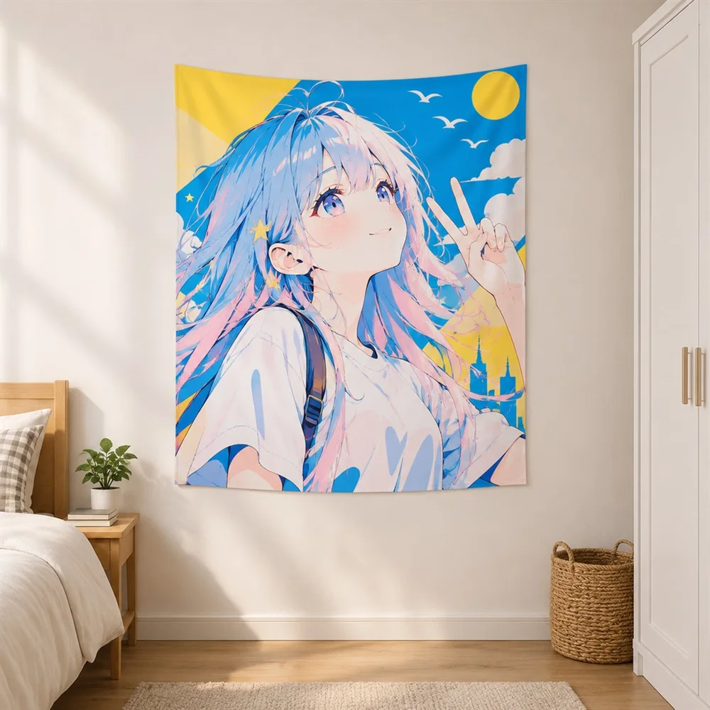 VIKAMA Pastel Blue Anime Hand Gesture Tapestry Wall Hanging, Anime Wall Art Tapestries for Living Room Bedroom Study Office