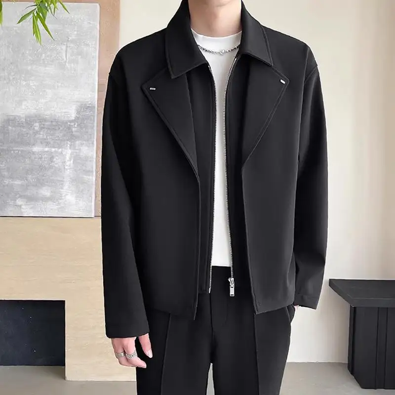 

Мужской шикарный пиджак с воротником-пиджаком, осенняя искусственная двухсекционная умная повседневная куртка на молнии, модная приталенная черная куртка, верхняя одежда