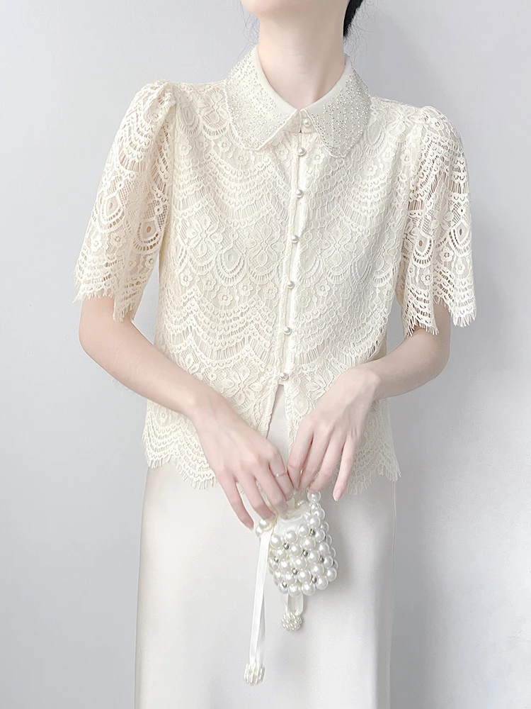 

Корейский кружевной топ с вышивкой и полым бисером ort Sve irt, женский летний новый модный топ с отложным воротником и тяжелой вышивкой