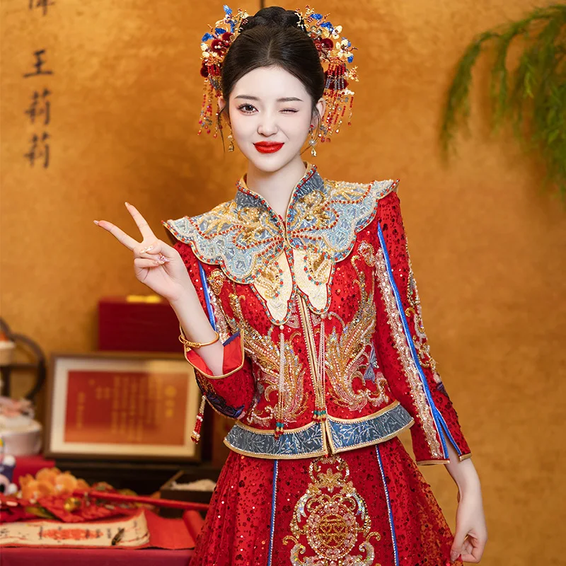 Chinese Traditional Bride Sequins Beading Tassels Embroidery Wedding Dress Toast Clothing Tang Suit Costume костюм для восточных