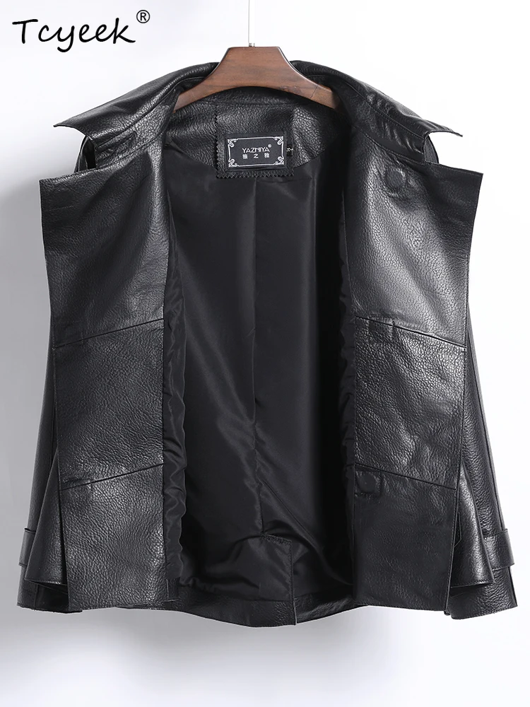 Tcyeek Sheepskin Genuine Leather Jacket Plus Size Spring Autumn Lapel Shoulder Length Long Sleeved Leather Jacket Chaqueta Cuero