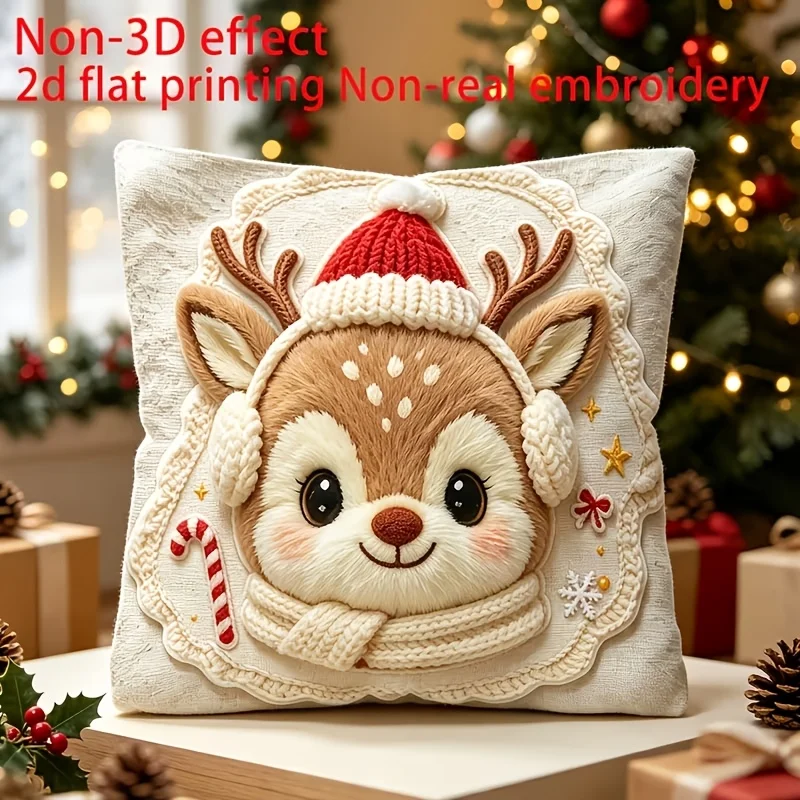 2D Flat Printed 1pc Pillowcase, Not Real Embroidery, No 3D Effect,  Featuring a Cute Christmas Deer Wearing a Santa Hat