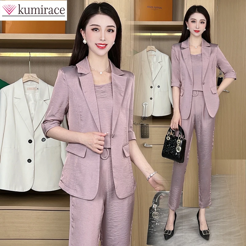 

Korean Version Light Luxury Professional Suit Suit Elegant Woman 2022 Summer Thin Top + Suspender Shirt + Pants Three Piece Set