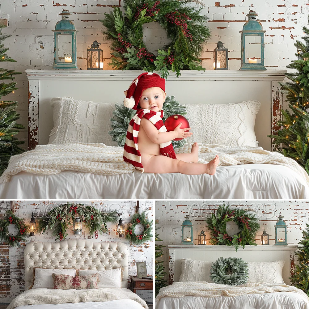 Christmas Photography Backdrop White Leather Headboard Christmas Wreath Lanterns Brick Wall Background Photo Studio Photocall