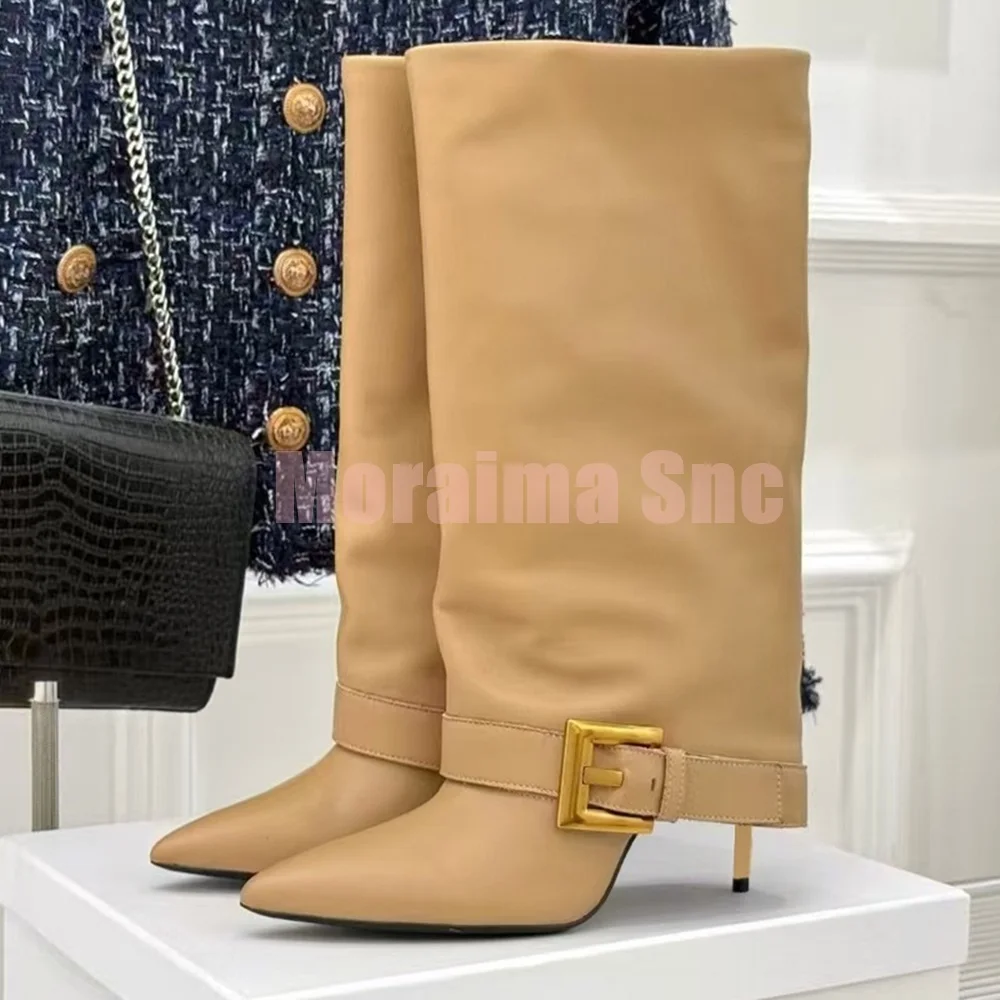 Turned-over Edge Belt Buckle Knee High Boots Pointed Toe Stiletto High Heel Slip On Fashion Women Long Modern Boots Autumn 2026