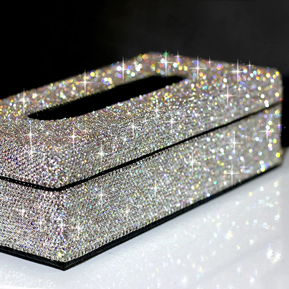 Bling Rhinestone Crystal Rectangular Tissue Box Cover Case Shiny Napkin Holder Block Type for Car Home