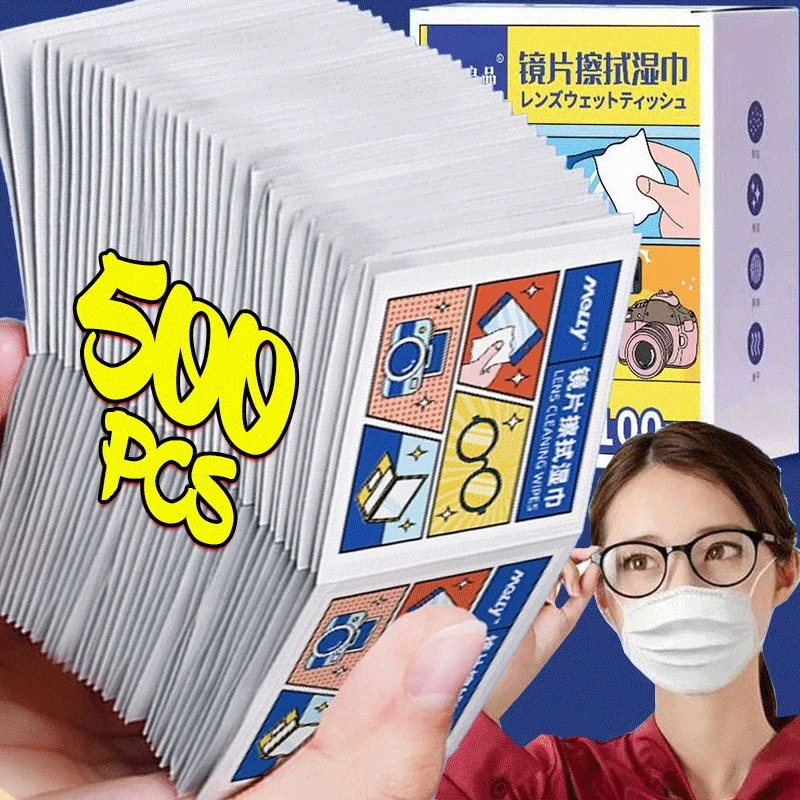 500Pcs/Box Glasses Cleaner Wet Wipe Disposable Anti Fog Misting Dust Remover Cleaning Lens Wipes Sunglasses Phone Screen