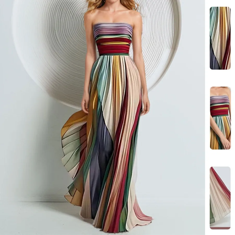 

Новое женское платье весна 2026: модное и элегантное длинное платье с плиссировкой на талии и принтом в европейском и американском стиле