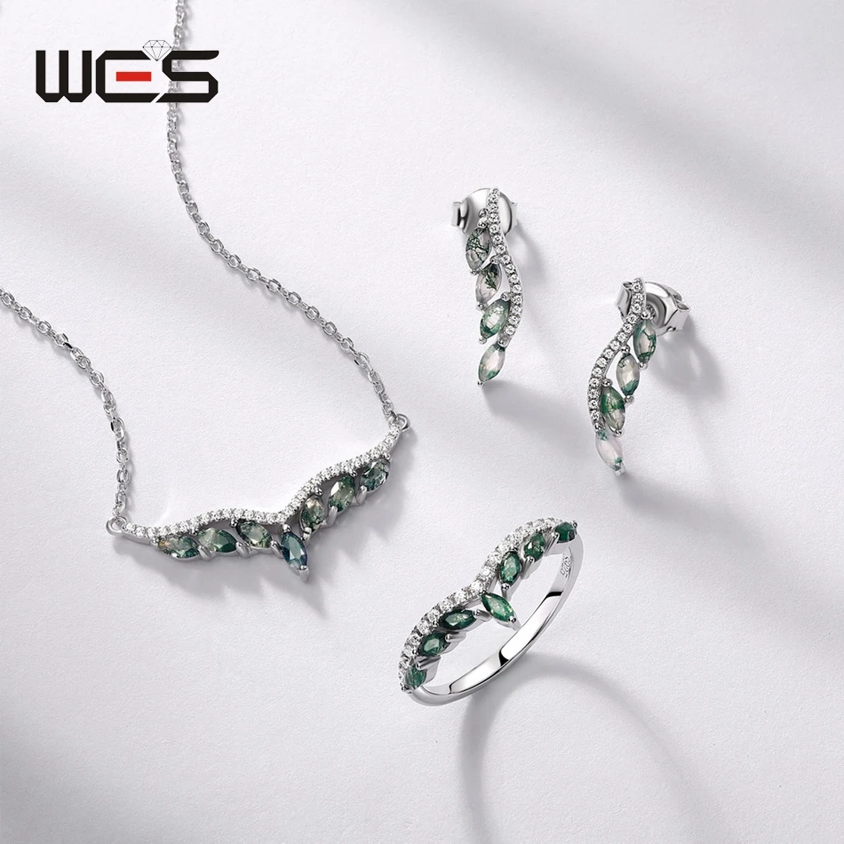 

WES 925 Sterling Silver Leaf Jewelry for Woman Natural Moss Agate 2*4mm Fashion Jewelry Wedding Female Gifts Trendy Wholesale