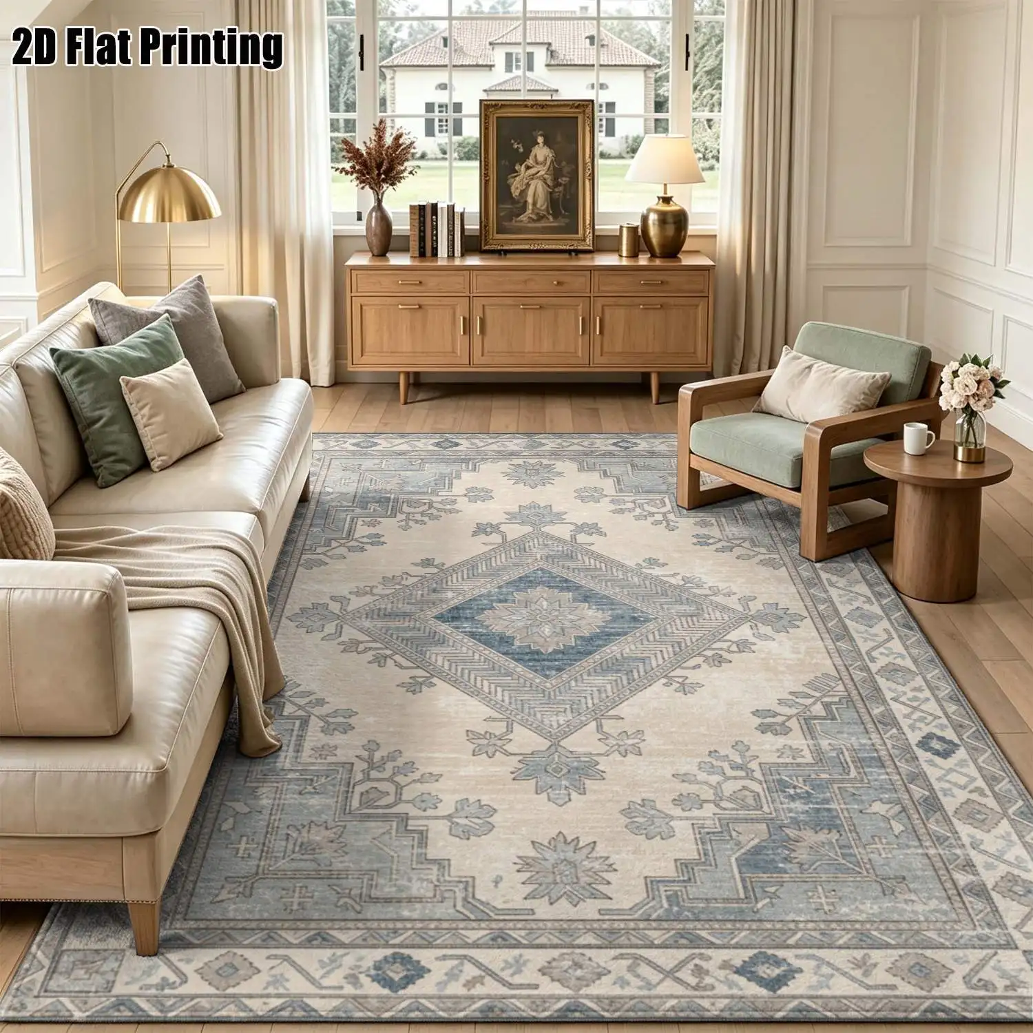 1Pc 2D Printed Vintage European Bohemian Geometric Striped Blue-Gray Carpet, Machine Washable, Multi-Size for Home Decoration: Living Room, Bedroom, Dining Room, Entrance, Study