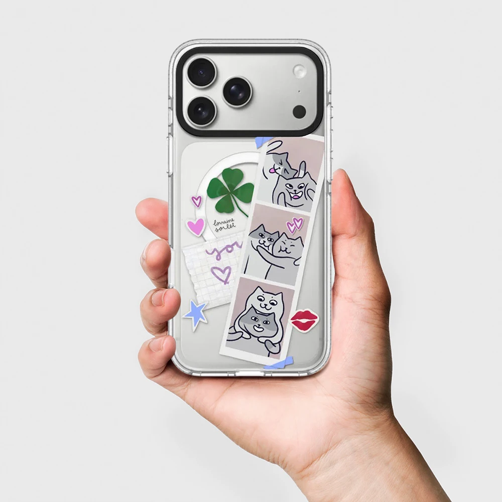 

Cute Clover Companion Cat White Border Magnetic Impact Cover for IPhone 12 13 14 15 16 17 Pro Max Case for IPhone 17 Air