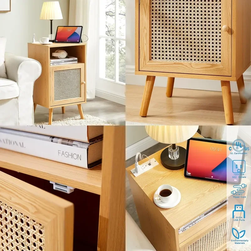 Modern Rattan Nightstand with Charging Port Handwoven Door Side Table for Bedroom Living Room Compact Storage Furniture
